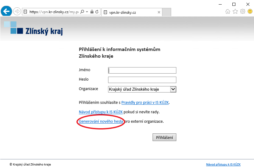 Úvodní obrazovka vpn.kr-zlinsky.cz - Generování nového hesla